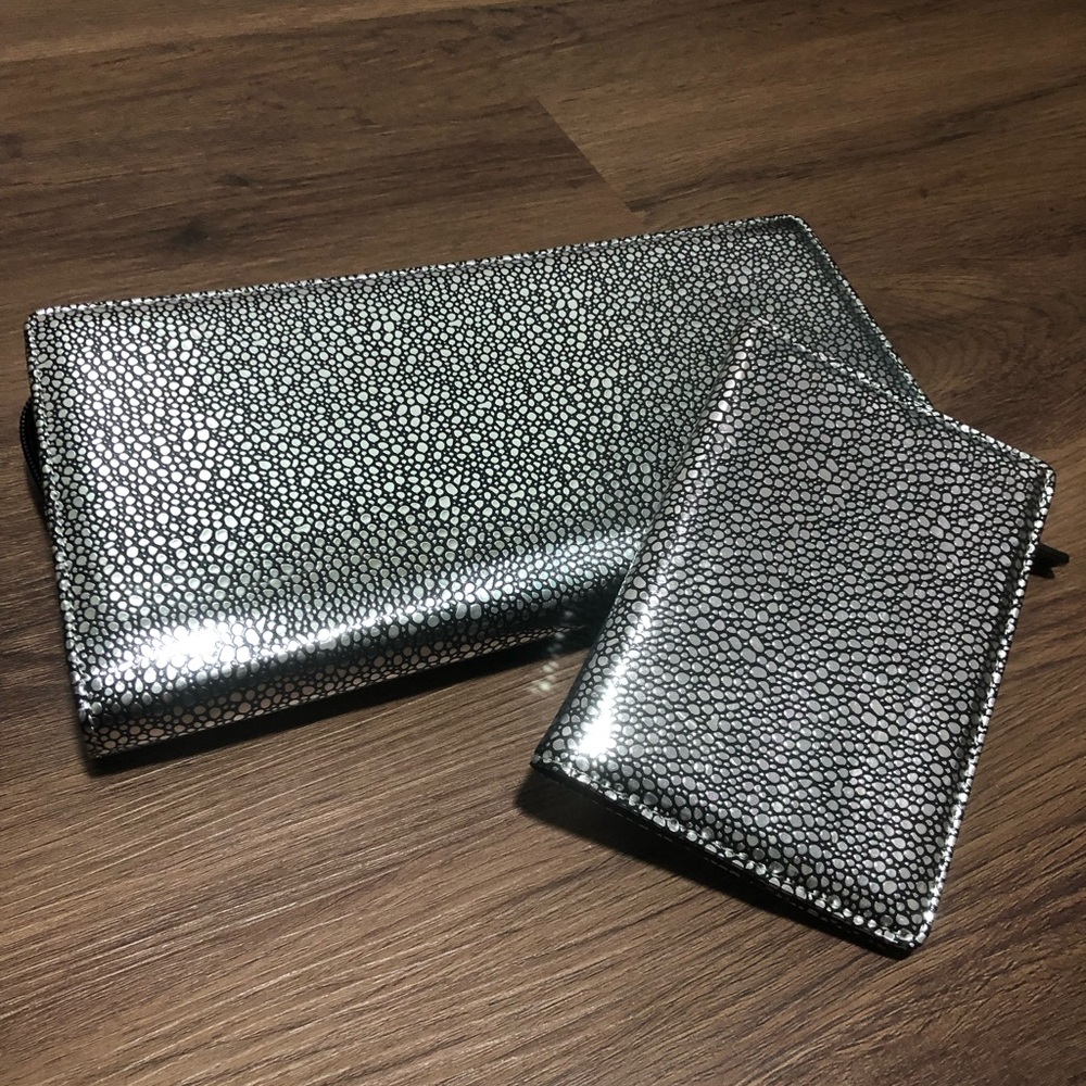 Clutch Wallet and matching passport holder set, mirrored silver & black